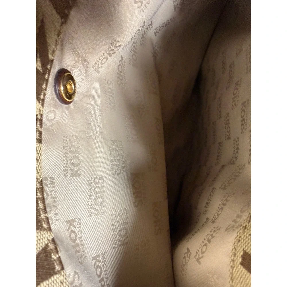 Michael Kors Monogram Jacquard Tote Bag Brown Beige Leather Trim Gold Hardware - Picture 12 of 12